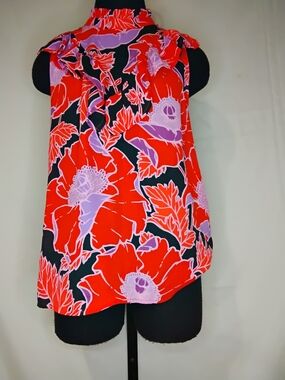 Who What Wear Red & Purple Floral Ruffle Mock Neck Sleeveless Top